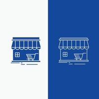 shop. store. market. building. shopping Line and Glyph web Button in Blue color Vertical Banner for UI and UX. website or mobile application vector