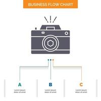 Camera. photography. capture. photo. aperture Business Flow Chart Design with 3 Steps. Glyph Icon For Presentation Background Template Place for text. vector