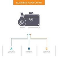 briefcase. business. case. open. portfolio Business Flow Chart Design with 3 Steps. Glyph Icon For Presentation Background Template Place for text. vector