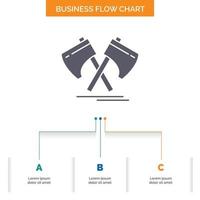 Axe. hatchet. tool. cutter. viking Business Flow Chart Design with 3 Steps. Glyph Icon For Presentation Background Template Place for text. vector