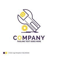 Company Name Logo Design For settings. App. installation. maintenance. service. Purple and yellow Brand Name Design with place for Tagline. Creative Logo template for Small and Large Business. vector