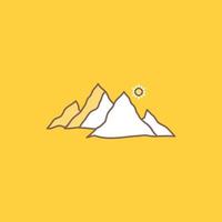 montaña. paisaje. Cerro. naturaleza. icono lleno de línea plana de sol. hermoso botón de logotipo sobre fondo amarillo para ui y ux. sitio web o aplicación móvil vector