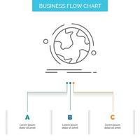 globe. world. discover. connection. network Business Flow Chart Design with 3 Steps. Line Icon For Presentation Background Template Place for text vector