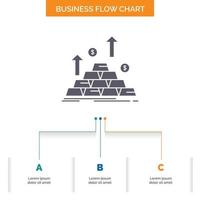 oro. moneda. dinero. dinero. diseño de diagrama de flujo empresarial de crecimiento con 3 pasos. icono de glifo para el lugar de plantilla de fondo de presentación para texto. vector