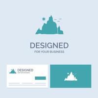 mountain. landscape. hill. nature. sun Business Logo Glyph Icon Symbol for your business. Turquoise Business Cards with Brand logo template. vector