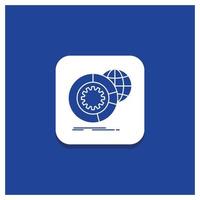 Blue Round Button for data. big data. analysis. globe. services Glyph icon vector