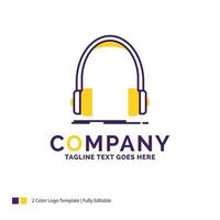 Company Name Logo Design For Audio. headphone. headphones. monitor. studio. Purple and yellow Brand Name Design with place for Tagline. Creative Logo template for Small and Large Business. vector