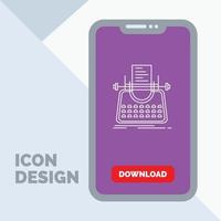 artículo. Blog. historia. máquina de escribir. icono de línea de escritor en el móvil para la página de descarga vector