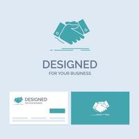 handshake. hand shake. shaking hand. Agreement. business Business Logo Glyph Icon Symbol for your business. Turquoise Business Cards with Brand logo template. vector