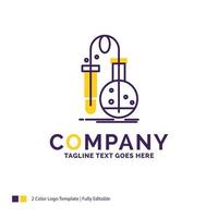 Company Name Logo Design For Testing. Chemistry. flask. lab. science. Purple and yellow Brand Name Design with place for Tagline. Creative Logo template for Small and Large Business. vector