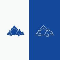 montaña. paisaje. Cerro. naturaleza. línea de árbol y botón web de glifo en banner vertical de color azul para ui y ux. sitio web o aplicación móvil vector