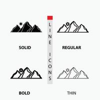 hill. landscape. nature. mountain. sun Icon in Thin. Regular. Bold Line and Glyph Style. Vector illustration