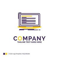 Company Name Logo Design For Code. coding. computer. monoblock. laptop. Purple and yellow Brand Name Design with place for Tagline. Creative Logo template for Small and Large Business. vector