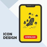 waterfall. tree. pain. clouds. nature Glyph Icon in Mobile for Download Page. Yellow Background vector