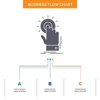 touch. click. hand. on. start Business Flow Chart Design with 3 Steps. Glyph Icon For Presentation Background Template Place for text. vector