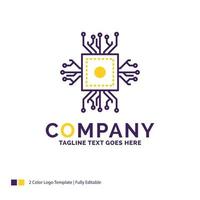 Company Name Logo Design For Chip. cpu. microchip. processor. technology. Purple and yellow Brand Name Design with place for Tagline. Creative Logo template for Small and Large Business. vector