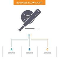 béisbol. cesta. pelota. juego. divertido diseño de diagrama de flujo de negocios con 3 pasos. icono de glifo para el lugar de plantilla de fondo de presentación para texto. vector