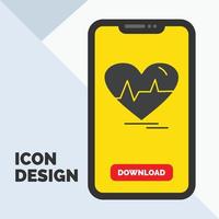 ecg. heart. heartbeat. pulse. beat Glyph Icon in Mobile for Download Page. Yellow Background vector