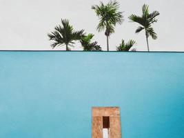 A low angle view of a blue courtyard with palm trees in the background photo