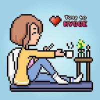 Píxeles de 8 bits el tema hygge. la caricatura de mujeres sentadas relajándose y tomando café en ilustraciones vectoriales. vector