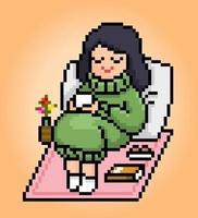 Píxeles de 8 bits el tema hygge. la caricatura de mujeres sentadas relajándose y tomando café en ilustraciones vectoriales. vector
