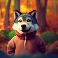 3d illustration of a wolf character wearing cozy sweater in the autumn forest photo