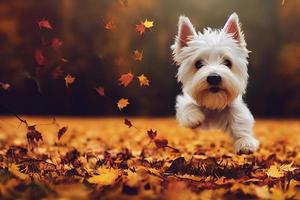 3d illustration of a happy westie puppy playing in the autumn forest photo