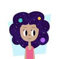 Beautiful fashion woman with abstract hair and space elements. Cute girl character with stars and planets in hair for women's day, mother's day, gift to sister or friend. Cartoon flat style. vector