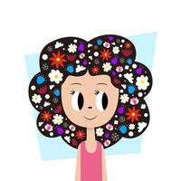 Beautiful fashion woman with abstract hair and floral design elements. Cute girl character with flowers for women's day, mother's day, gift to sister or friend. Cartoon flat style. vector