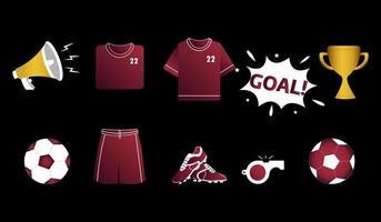 Football and soccer championship attributes. T-shirt, shorts, ball, boots, whistle, cup, megaphone. Vector stock illustration.