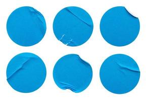 Blank blue round adhesive paper sticker label set collection isolated on white background photo