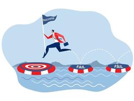 Goal to success ,businessman holding success flag with jumping on many time of failures floating on water and finally reach success goal concept flat illustrator vector