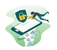 Data phishing, hacker attack, data protection, privacy and personal information security concept with smartphone and shield illustration vector