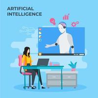 Artificial intelligence technology concept. Woman and smart virtual robot assistant illustration vector