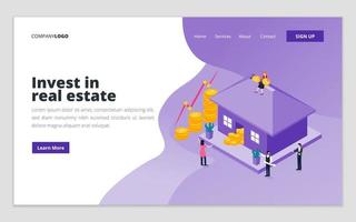 Landing page template of real estate investment, finance, business consulting solution, financial strategy. Illustration for website and mobile website development vector