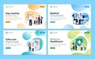 conjunto de plantillas de diseño de páginas web para consulta médica, asistencia médica, atención médica y servicio. ilustración para el desarrollo de sitios web y sitios web móviles vector