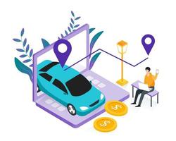 Car sharing service, online taxi, rent car, mobile city transportation concept. Man ordering online taxi cab with point location vector