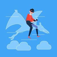 Man riding dragon with virtual reality headset vector
