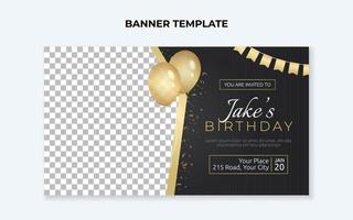 Birthday party invitation banner template with golden balloons and flags vector