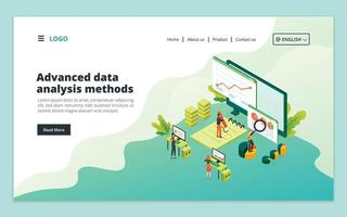 plantilla de diseño de página web de métodos avanzados de análisis de datos. investigación de big data, análisis seo, concepto de análisis de sitios web para el desarrollo de sitios web y sitios web móviles vector