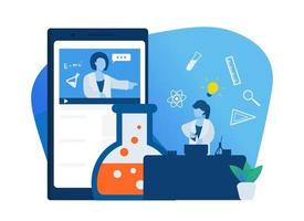 Chemistry student watching online video course with smartphone. Online education, e-learning, online courses concept. Illustration for website, landing page and business presentation vector