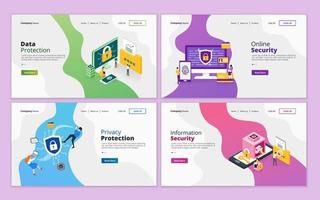 conjunto de plantillas de diseño de páginas web para protección de datos, seguridad en línea, privacidad y seguridad de la información personal. ilustración para el desarrollo de sitios web y sitios web móviles vector