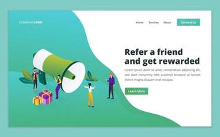 Referral marketing strategy landing page design template. Affiliate marketing, network marketing, business partnership and refer a friend concept for website and mobile website development vector
