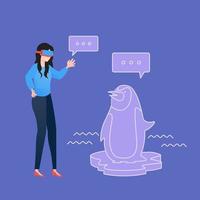 Woman wearing virtual reality headset with virtual penguin illustration vector