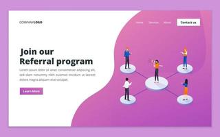 Landing page template of referral program. Referral marketing, affiliate marketing, refer a friend and business partnership concept for website and mobile website development vector