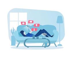 Woman laying down while studying and learning online with smartphone. Online education, e-learning, online courses concept. Illustration for website, landing page and business presentation vector