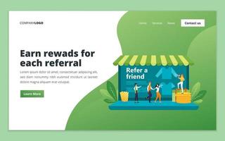 Referral marketing web page design template. Affiliate marketing, network marketing, business partnership and refer a friend concept for website and mobile website development vector