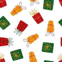 Surprise gift boxes seamless vector pattern. Present for Christmas, birthday, holidays. Golden, red and green containers tied with a ribbon. Flat cartoon background. Illustration for fabrics, prints