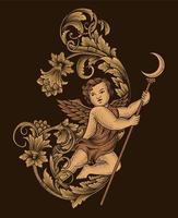 illustration cupid angel with engraving ornament antique style vector