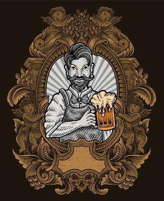 Illustration vintage bartender with engraving ornament frame
